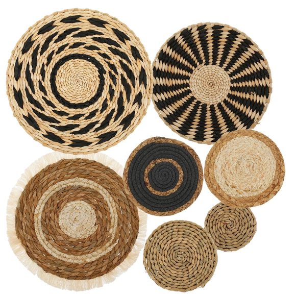 Boho 7-pack Wall Art - Seagrass Rattan Wicker Baskets In Round, Flat &🤚 - Picture 1 of 6